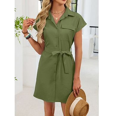 Women's Shirt Dress Short Sleeve Button Down Belted Mini Dress with Pockets