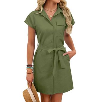 Women's Shirt Dress Short Sleeve Button Down Belted Mini Dress with Pockets