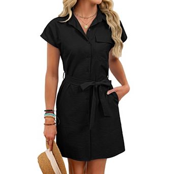 Women's Shirt Dress Short Sleeve Button Down Belted Mini Dress with Pockets