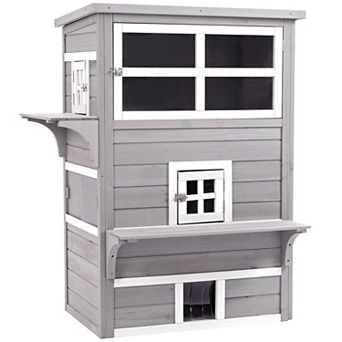 Three Level Outdoor Cat Shelter Raised Floor Design With Asphalt Roof And Platform