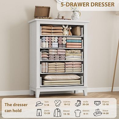 Versatile 5-Drawer Tall Wooden Dresser, Vertical Storage Chest with Adjustable Feet