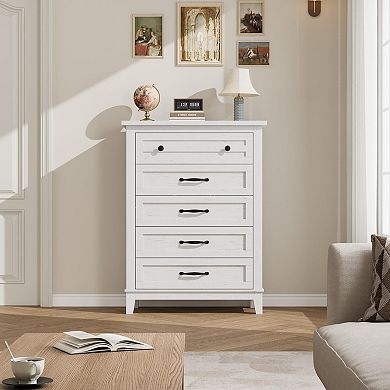 Versatile 5-Drawer Tall Wooden Dresser, Vertical Storage Chest with Adjustable Feet
