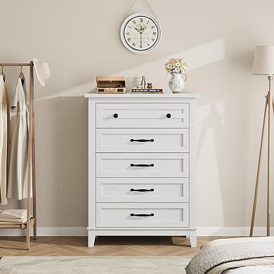 Versatile 5-Drawer Tall Wooden Dresser, Vertical Storage Chest with Adjustable Feet