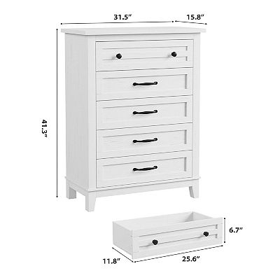 Versatile 5-Drawer Tall Wooden Dresser, Vertical Storage Chest with Adjustable Feet