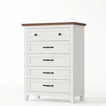 Versatile 5-Drawer Tall Wooden Dresser, Vertical Storage Chest with Adjustable Feet