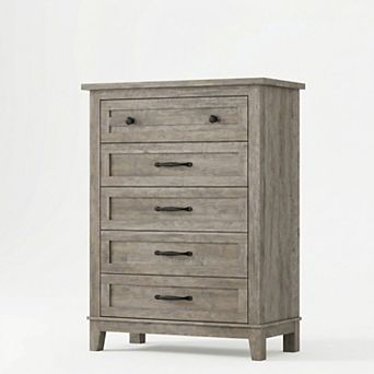 Versatile 5-Drawer Tall Wooden Dresser, Vertical Storage Chest with Adjustable Feet
