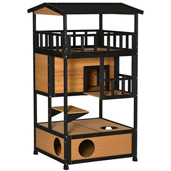 Single Layer Wooden Outdoor Cat House Sloped Asphalt Roof With Jumping Platforms