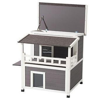 Two Story Wooden Cat House With Foam Insulation And Balcony For Seasonal Use