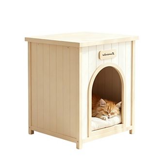 Solid Cedar Wooden Pet House With Soft Cushion For Small Dogs And Indoor Cats