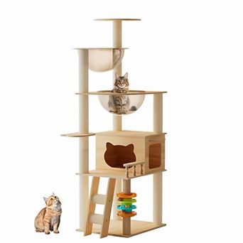 Mid Height Wooden Cat Tower Multi Layer Layout With Acrylic Leisure Hammock