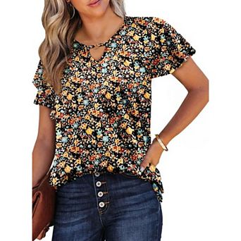 Zeagoo Womens Short Sleeve Tunic Tops V Neck Loose Ruffle Sleeve Summer Floral Casual Boho Blouses