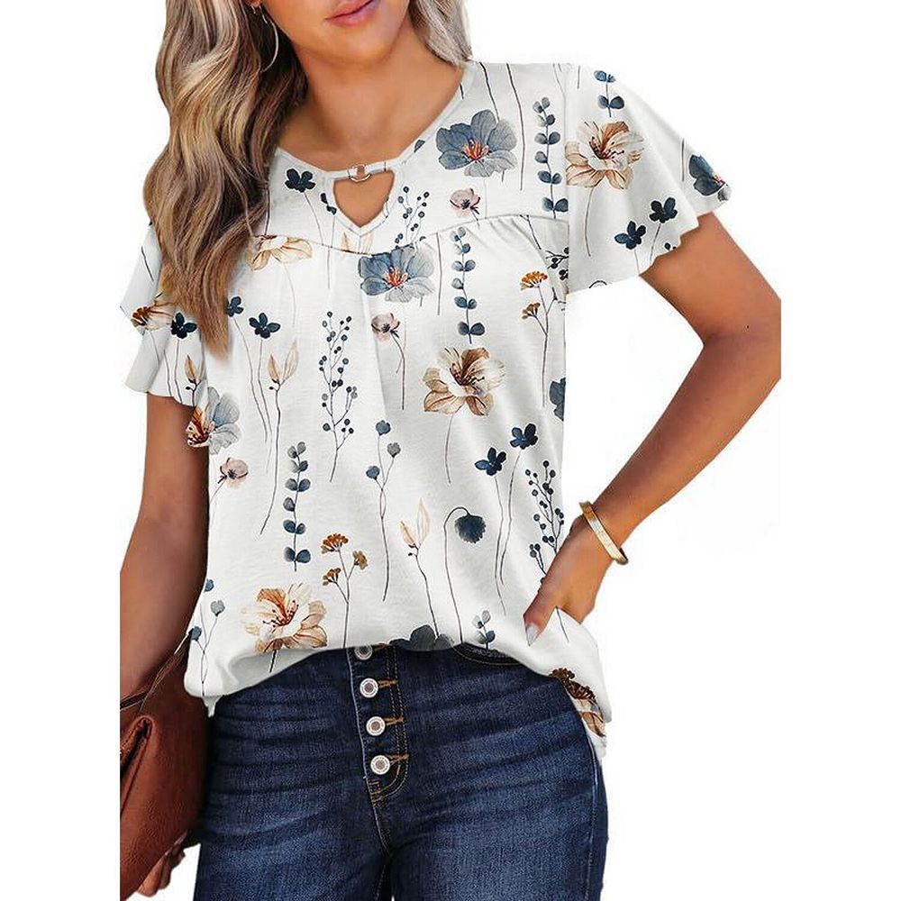 Zeagoo Womens Short Sleeve Tunic Tops V Neck Loose Ruffle Sleeve Summer ...