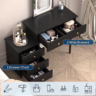 Makeup Vanity Desk with Mirror and Lights, Modern Vanity Table with 2 Drawers & Adjustable Cabinet