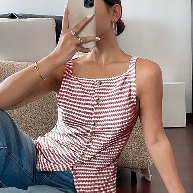 Striped Knit Sleeveless Tank Top, Button Down Irregular Hem Slim Camisole