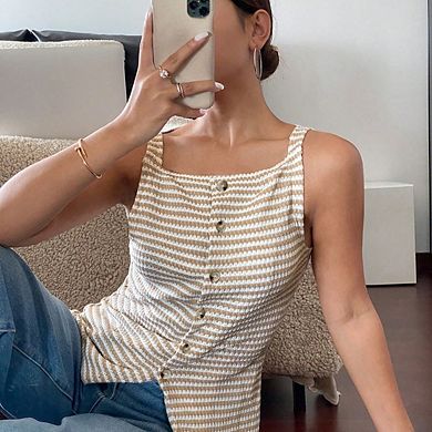 Striped Knit Sleeveless Tank Top, Button Down Irregular Hem Slim Camisole
