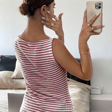 Striped Knit Sleeveless Tank Top, Button Down Irregular Hem Slim Camisole