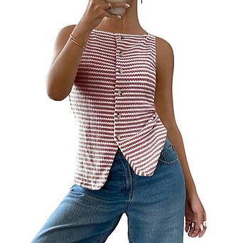 Striped Knit Sleeveless Tank Top, Button Down Irregular Hem Slim Camisole