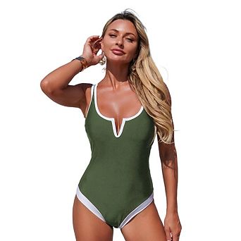 Women's One Piece Swimsuit Sports Strap Bathing Suit Color Block Ribbed High Cut Swimsuits
