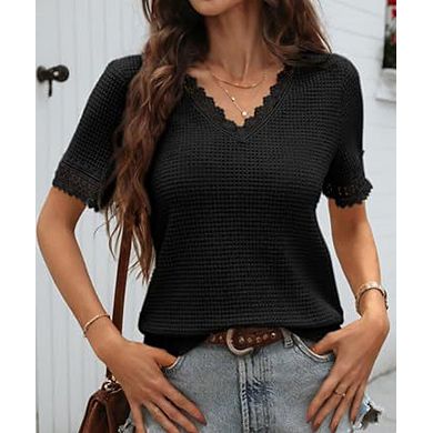 Women's Waffle Knit V-Neck Lace Trim Tee