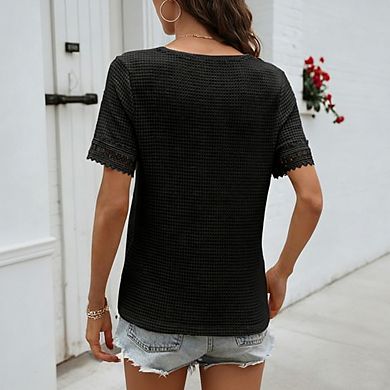 Women's Waffle Knit V-Neck Lace Trim Tee