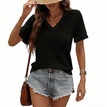 Women's Waffle Knit V-Neck Lace Trim Tee