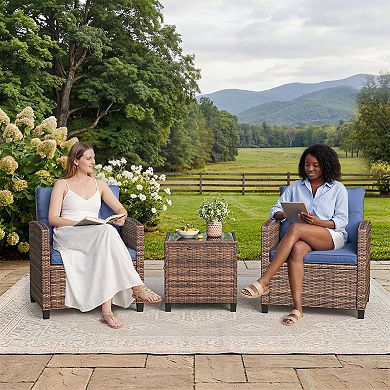 3-Piece PE Rattan Patio Conversation Set, Wicker Chairs with Cush for Garden