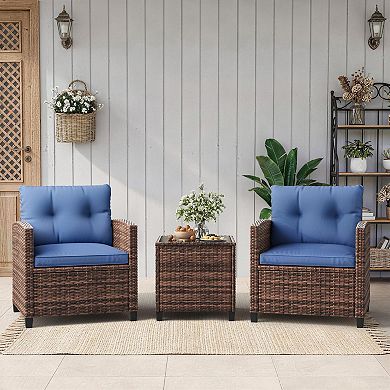 3-Piece PE Rattan Patio Conversation Set, Wicker Chairs with Cush for Garden