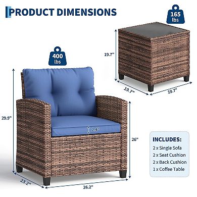 3-Piece PE Rattan Patio Conversation Set, Wicker Chairs with Cush for Garden