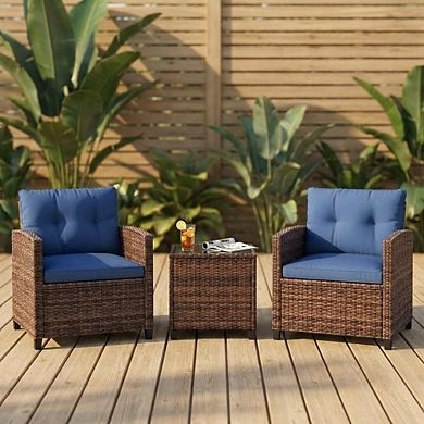 3-Piece PE Rattan Patio Conversation Set, Wicker Chairs with Cush for Garden