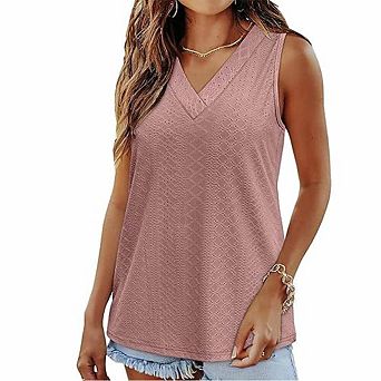 Women's V-Neck Sleeveless Tank Top Textured Loose Fit Casual T-Shirt Blouse