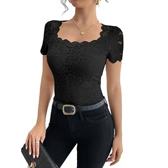 Women's Square Neck Lace Slim Fit Short Sleeve Tee