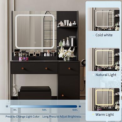 Makeup Vanity Desk with Mirror, 37"W Large Dressing Table with Drawers & Stool, Makeup Vanity Table
