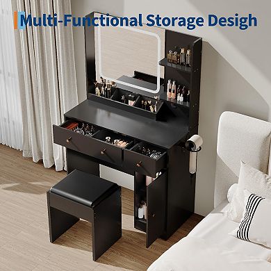 Makeup Vanity Desk with Mirror, 37"W Large Dressing Table with Drawers & Stool, Makeup Vanity Table