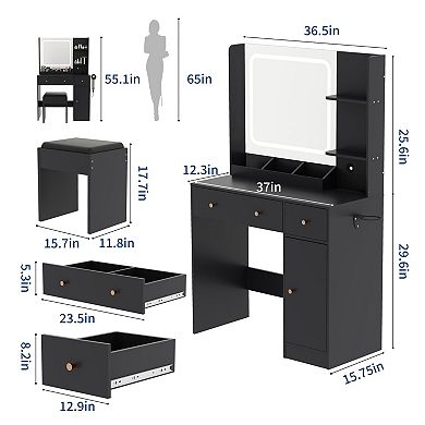 Makeup Vanity Desk with Mirror, 37"W Large Dressing Table with Drawers & Stool, Makeup Vanity Table