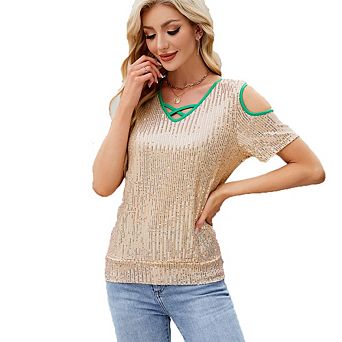 Champagne Gold Sequin Cold Shoulder Short Sleeve Top, V Neck Color Block Loose T-Shirt