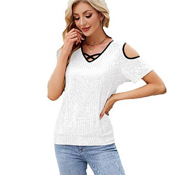 Champagne Gold Sequin Cold Shoulder Short Sleeve Top, V Neck Color Block Loose T-Shirt