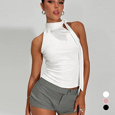Halter Tie Sleeveless Top, Slim Fit Solid Color Tank Top
