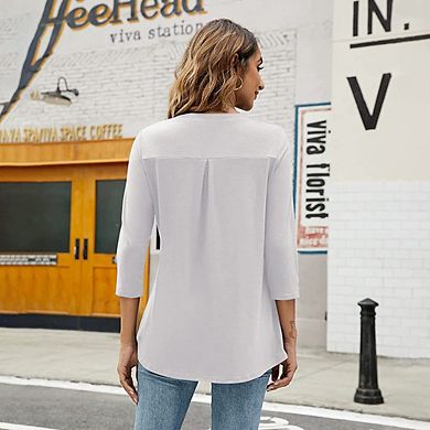 V Neck 3/4 Sleeve Loose Top, Simple Versatile Slim Fit T-Shirt