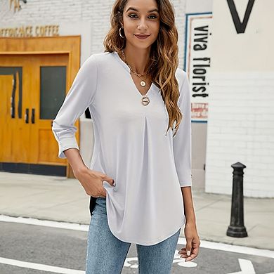 V Neck 3/4 Sleeve Loose Top, Simple Versatile Slim Fit T-Shirt
