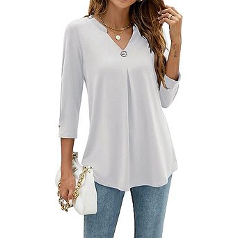 V Neck 3/4 Sleeve Loose Top, Simple Versatile Slim Fit T-Shirt