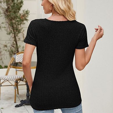 Ribbed Button Irregular Short Sleeve Top, Slim Fit Knit T-Shirt