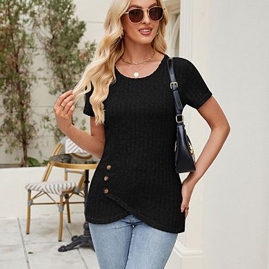 Ribbed Button Irregular Short Sleeve Top, Slim Fit Knit T-Shirt