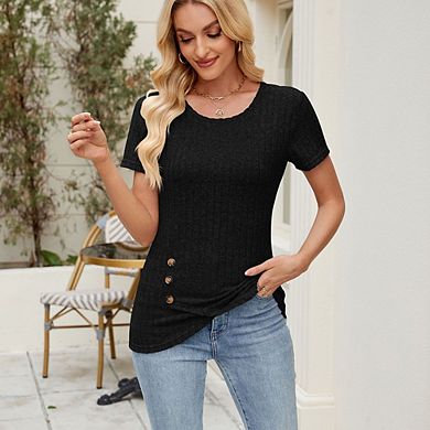 Ribbed Button Irregular Short Sleeve Top, Slim Fit Knit T-Shirt
