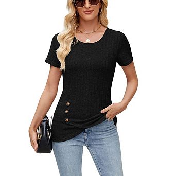 Ribbed Button Irregular Short Sleeve Top, Slim Fit Knit T-Shirt
