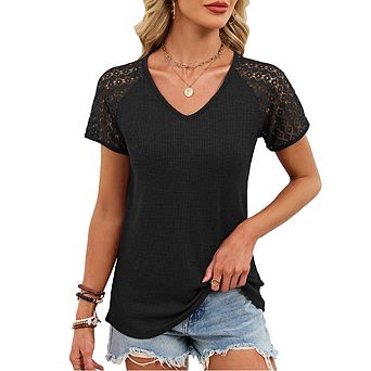 Lace Sleeve V Neck Waffle Knit Short Sleeve Top, Loose Slim Fit Casual T-Shirt