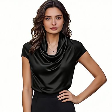Cowl Neck Short Sleeve Satin Top, Loose Slim Fit Commute Elegant Blouse