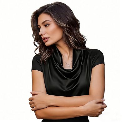Cowl Neck Short Sleeve Satin Top, Loose Slim Fit Commute Elegant Blouse