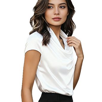 Cowl Neck Short Sleeve Satin Top, Loose Slim Fit Commute Elegant Blouse