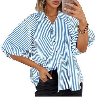 Striped Puff Sleeve Loose Shirt, Casual Slim Fit Batwing Sleeve Cardigan Top
