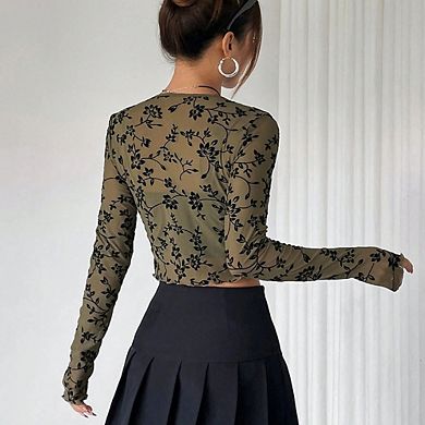 Flocked Print Mesh Long Sleeve Crop Top, Slim Fit Tie Front Cover Up